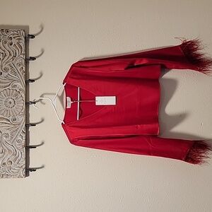Wayf Red Crop Blouse with Embellished Bell Sleeves Sz M NWT